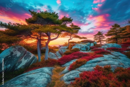 Illustration of trees and rocks at sunset in a beautiful landscape painting