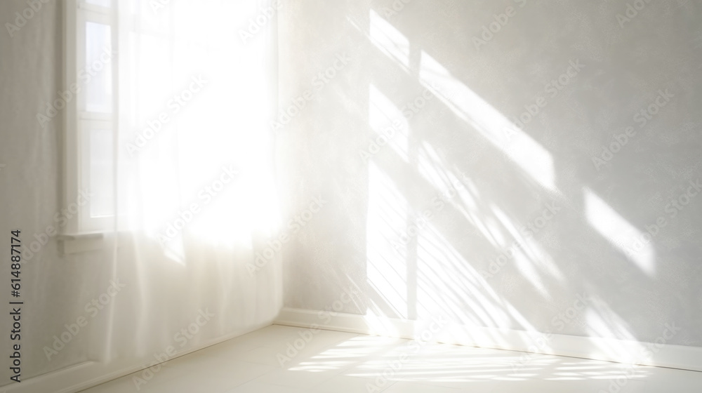 Obraz premium Minimalistic Empty Sunny White Interior with Empty Wall. AI generative. Bright Warm Tones, Advertising Mock Up.