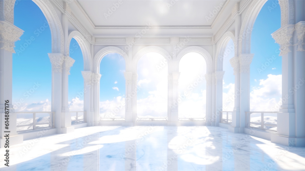 White Palace Marble Luxury Terrace Outside with Blue Sky and Snowy Mountains, generative ai.