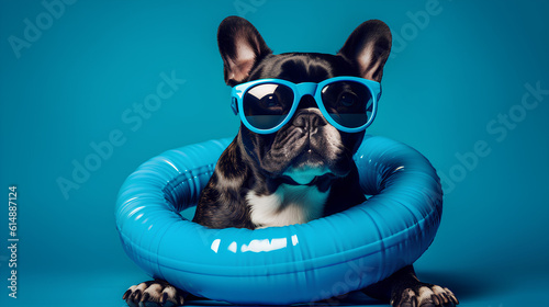 Portrait of a dark-colored French bulldog in sunglasses, with a blue swimming circle, going on vacation. Generative AI. © Свет Лана