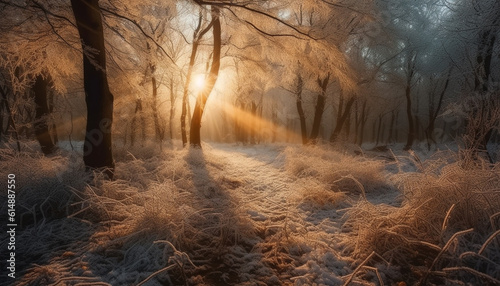 A foggy winter forest beauty in nature tranquil mystery generated by AI