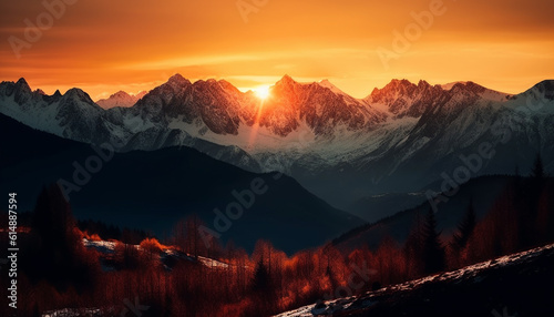 Majestic mountain range at dusk  a tranquil scene of beauty generated by AI