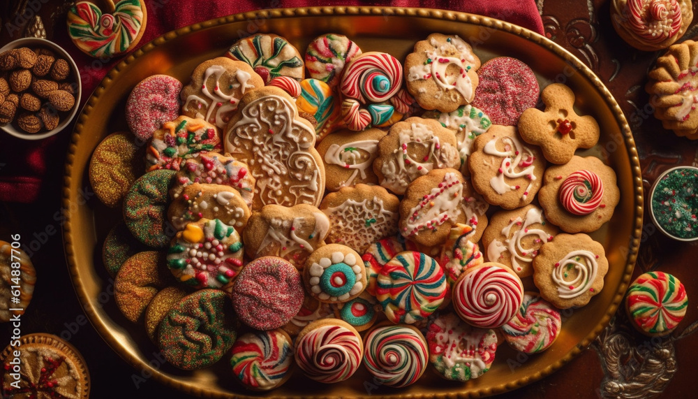 Homemade gingerbread cookies with icing and candy decoration, a festive indulgence generated by AI