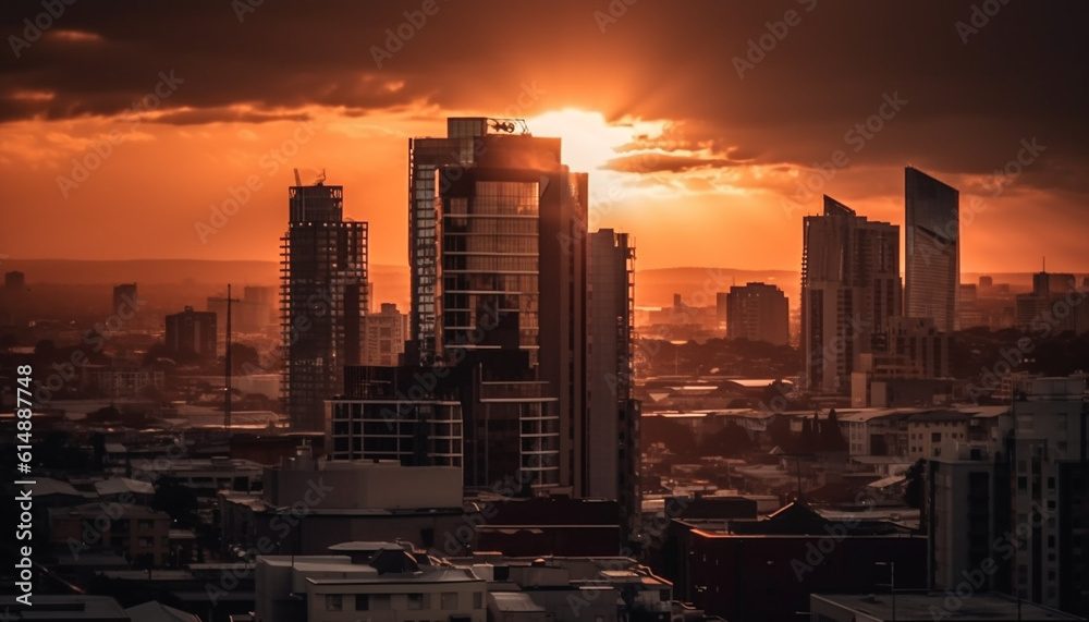 Silhouette of skyscrapers against blue sunset sky, city life panorama generated by AI