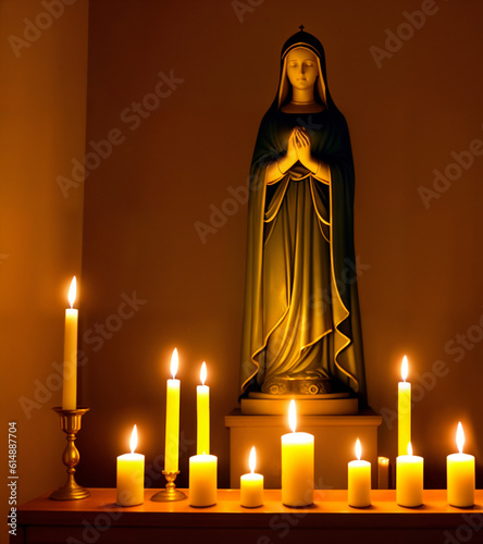 Statue of Mary with Candles Aligned in a Sanctuary, generative ai. Praying Virgin Mary statue at The Church. Religious background