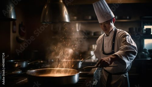 One skilled chef, preparing gourmet meal in commercial kitchen generated by AI