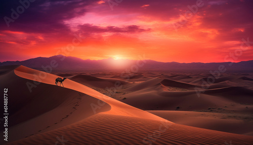 A solitary man hikes the majestic sand dunes at dawn generated by AI