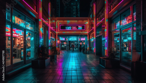 The futuristic skyscraper illuminates the modern city nightlife outdoors generated by AI