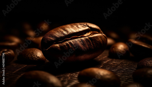 Dark roasted coffee bean, fresh and scented, perfect addiction fix generated by AI