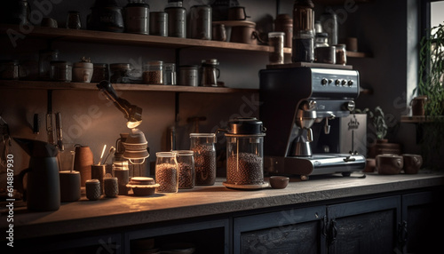 Barista prepares fresh coffee using rustic equipment in domestic kitchen generated by AI