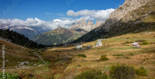 Passstraße vor Bergpanorama