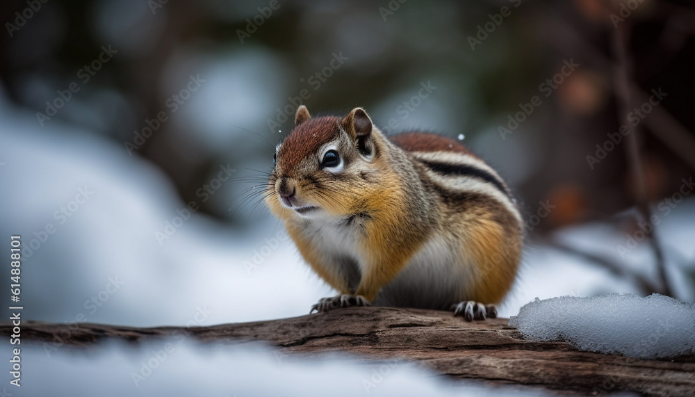 Fluffy chipmunk sitting on branch, eating winter food outdoors generated by AI Fluffy chipmunk sitting on branch, eating winter food outdoors generated by AI
