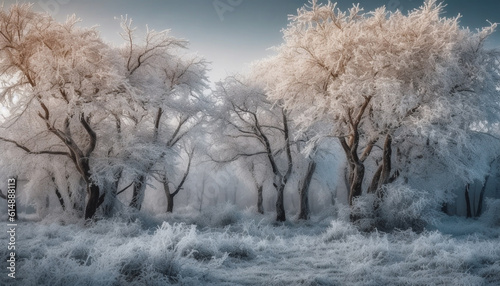 A tranquil winter forest snow, frost, and blue skies generated by AI