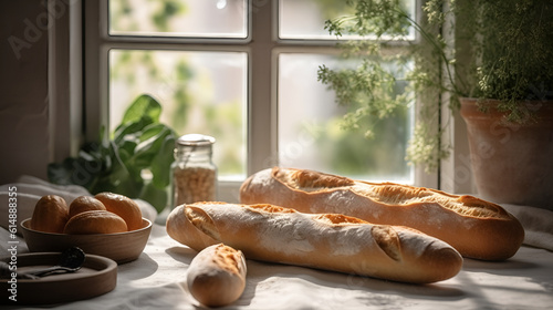 Fresh bread baguette on a wooden cutting board, next to the window. Generative AI.