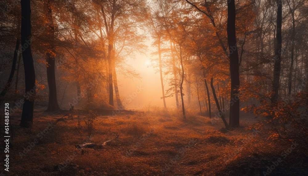 A tranquil scene in the forest fog, autumn leaves, sunlight generated by AI