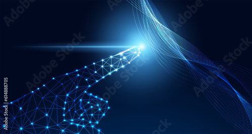 Abstract hand wireframe pointing wires concept technology business success or modern technology discovery or use ai on blue background futuristic