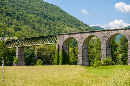 Beautiful  old railway in Soca valley  Slovenia  in Tolmin region with famous arcs in wonderful  green  landscape