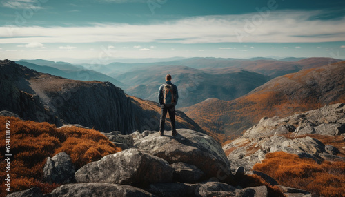Standing on top of majestic mountain peak, a successful achievement generated by AI