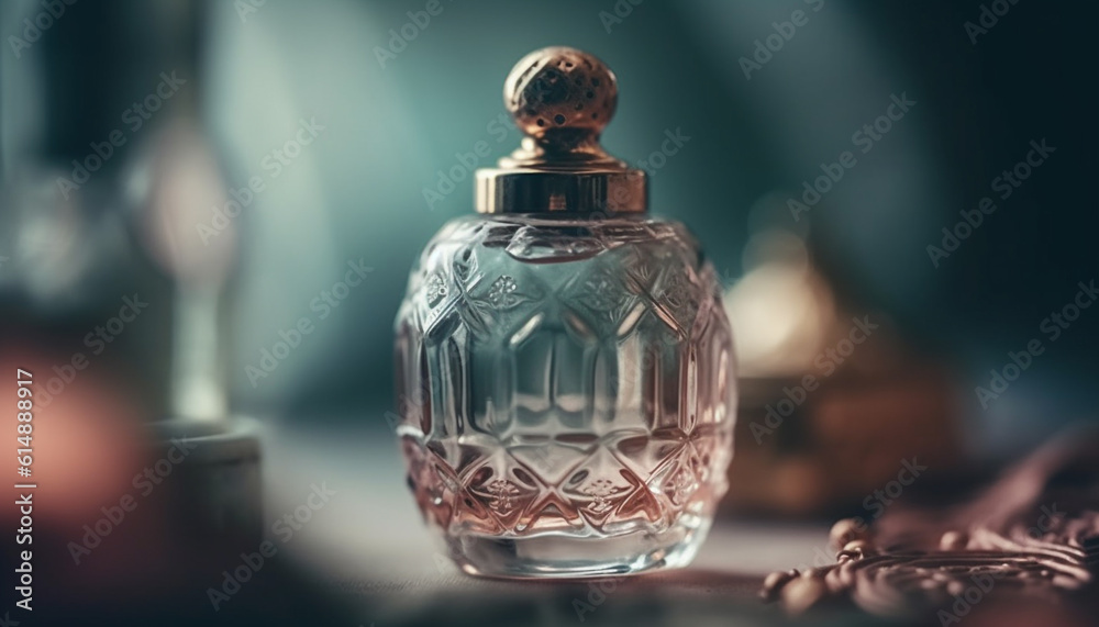 Luxury perfume bottle scented liquid in glass, elegance and freshness generated by AI Luxury perfume bottle scented liquid in glass, elegance and freshness generated by AI