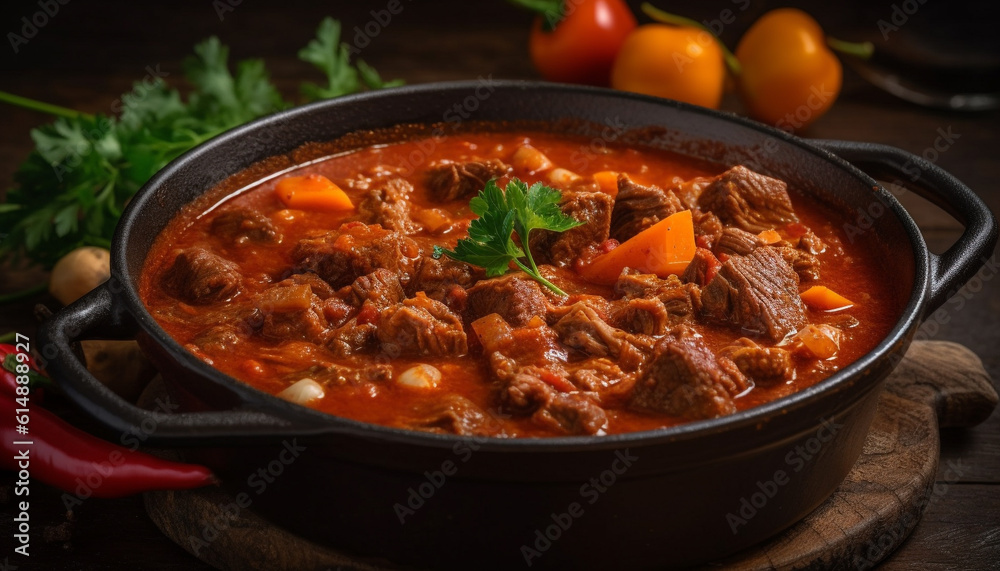 Rustic beef stew with fresh vegetables, braised to perfection generated by AI Rustic beef stew with fresh vegetables, braised to perfection generated by AI
