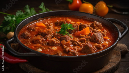 Rustic beef stew with fresh vegetables, braised to perfection generated by AI