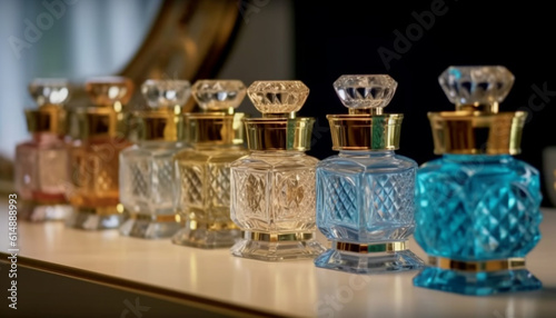 Luxury perfume collection in transparent bottles with shiny decoration generated by AI
