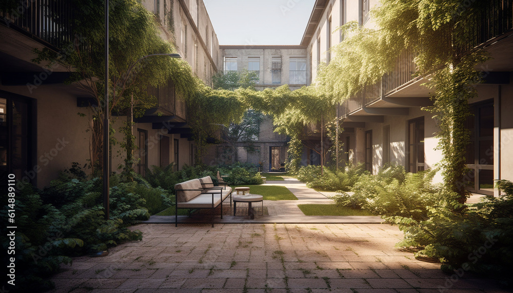A modern building exterior with a formal garden and courtyard generated by AI A modern building exterior with a formal garden and courtyard generated by AI