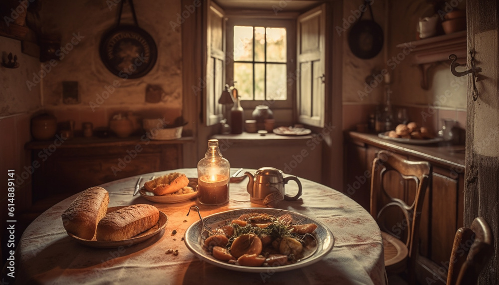 A rustic lunch of grilled meat and fresh vegetables indoors generated by AI A rustic lunch of grilled meat and fresh vegetables indoors generated by AI