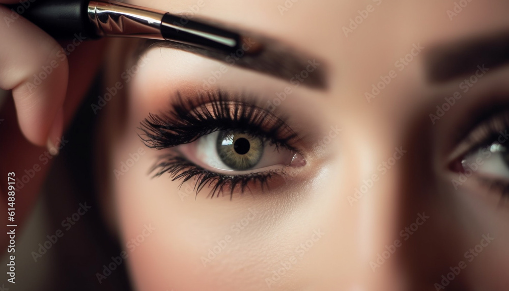 Beautiful young woman applies glamourous eye make up in close up portrait generated by AI