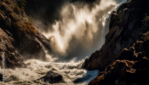 The majestic wave crashes against the rocky cliff, spraying spray generated by AI