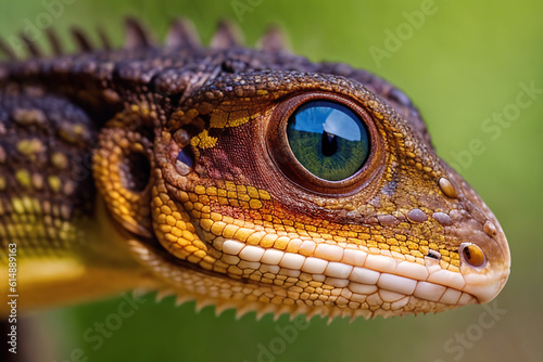 Close-up lizard head. Illustration with reptile among wild nature. Generative AI © Aleksei Solovev