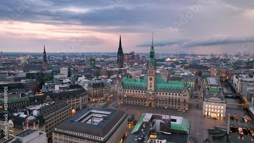 Aerial view over the Hamburg at sunset. drone flying over Alster lake. city skyline. Germany photo