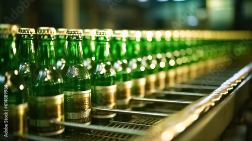 Beer bottles on conveyor production line. Beer bottles on the conveyor belt. Brewery industry food factory manufacturing. 