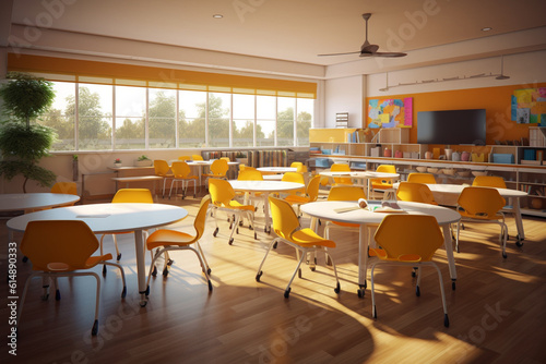 Collaborative and flexible school classroom with movable furniture and group work areas. Generative AI