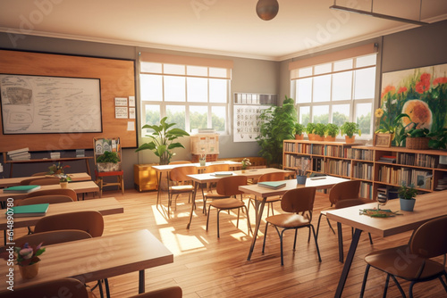 Entrepreneurship-focused school classroom with business resources and startup simulation. Generative AI