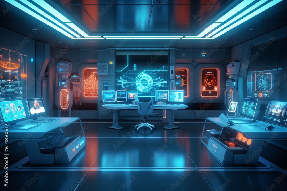 Futuristic sci-fi laboratory room with glowing high-tech equipment and screens. Generative AI