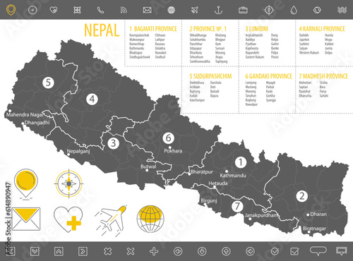 Detailed monochrome map of Nepal, gray country territory with geographic borders and administrative divisions on white background, travel icons set, vector illustration photo