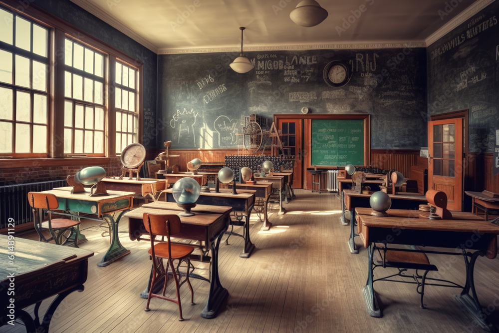 Historical school classroom with vintage desks Generative AI