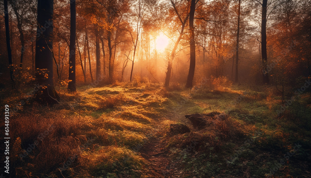 Autumn beauty in nature: foggy forest, vibrant leaves, tranquil scene generated by AI