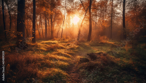 Autumn beauty in nature: foggy forest, vibrant leaves, tranquil scene generated by AI