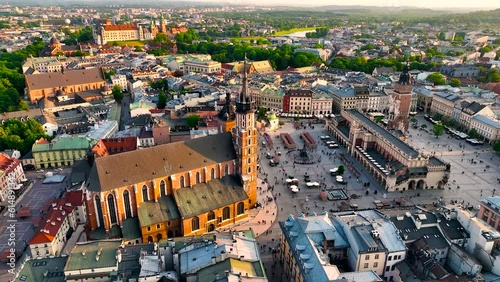 Aerial footage of Krakow, a southern Poland city on the Vistula River in Lesser Poland Voivodeship, Europe photo