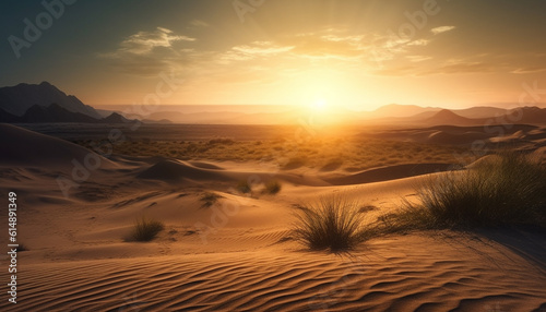 Tranquil scene of rippled sand dunes at sunset in Africa generated by AI