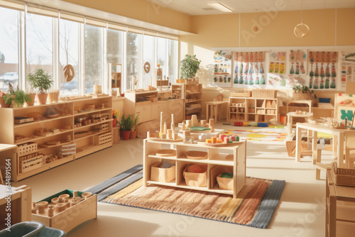 Montessori-inspired school classroom with hands-on learning materials and open space. Generative AI photo