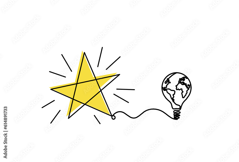 Abstract color star wth light bulb as line drawing on white