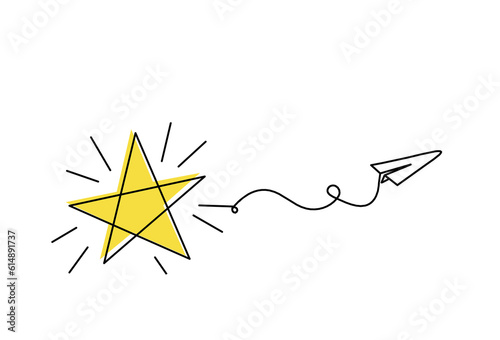 Abstract color star wth paper plane as line drawing on white