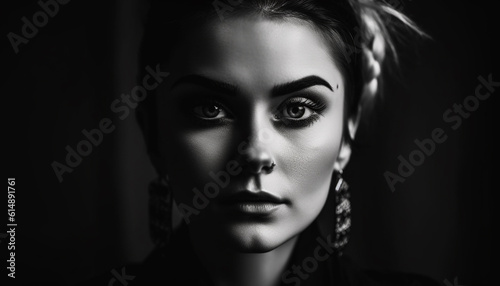 Confident young woman exudes sensuality in black and white portrait generated by AI