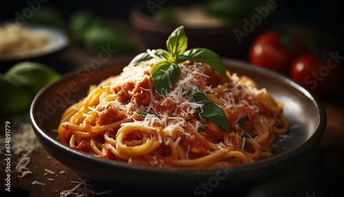 Freshly cooked fettuccine with savory bolognese sauce and parmesan cheese generated by AI