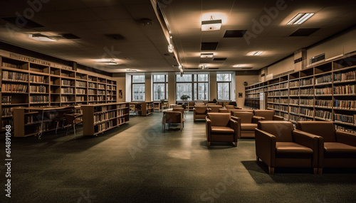 A modern library indoors, with rows of books on shelves generated by AI