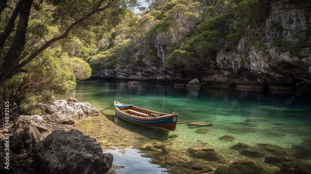 A hidden cove with a small boat gently rocking on the calm water
