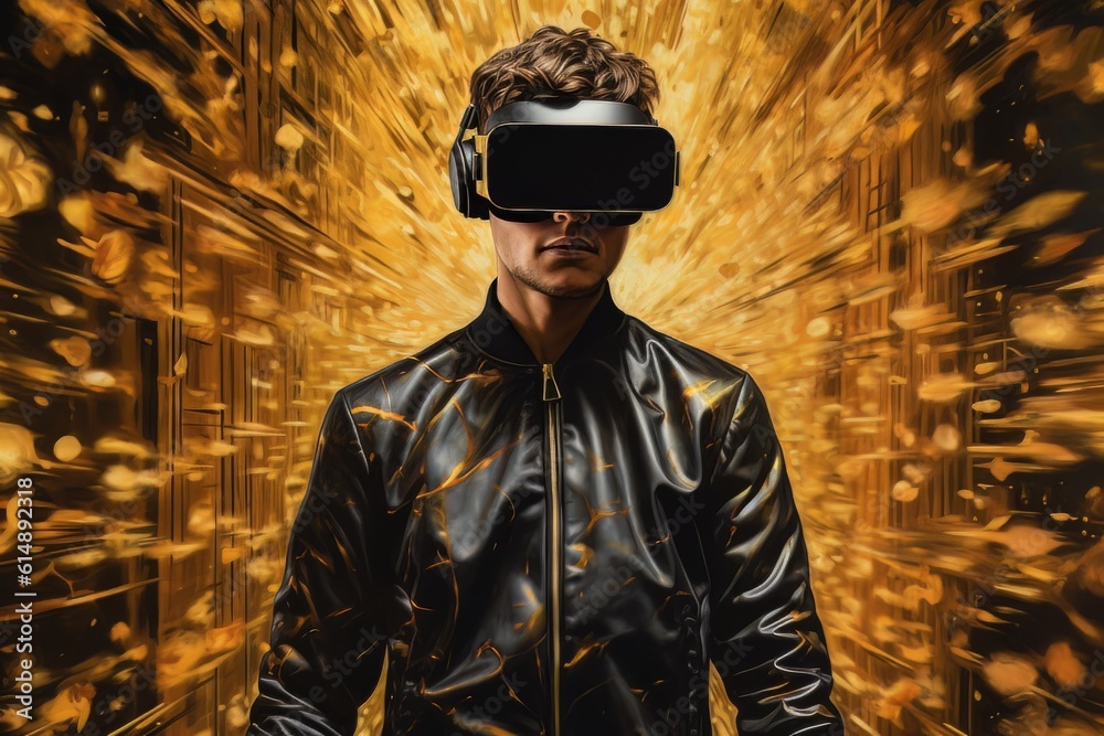 Modern man in a black futuristic costume with golden elements in virtual reality glasses on a golden background AI Modern man in a black futuristic costume with golden elements in virtual reality glasses on a golden background AI